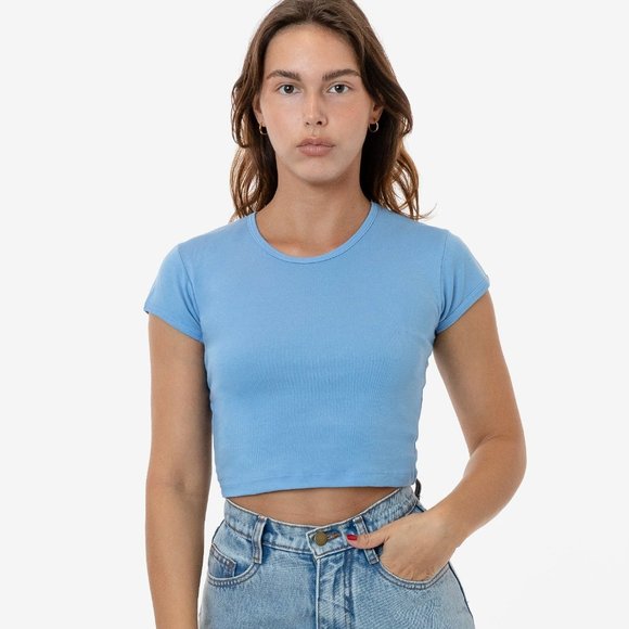 Los Angeles Apparel American CAP SLEEVE BABY RIB CROP TOP Tee Shirt Blue Small - Picture 1 of 4